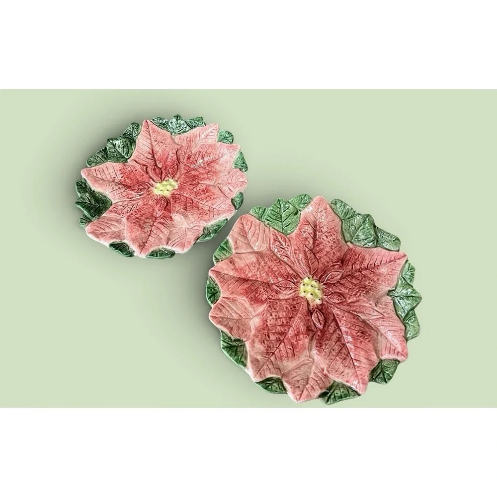 2 Fitz & Floyd Omnibus Poinsettia Christmas Dessert Snack Canape Plates Vintage